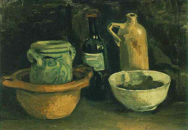 Картина Ван Гога Натюрморт с глиняной посудой и двумя бутылями 1884